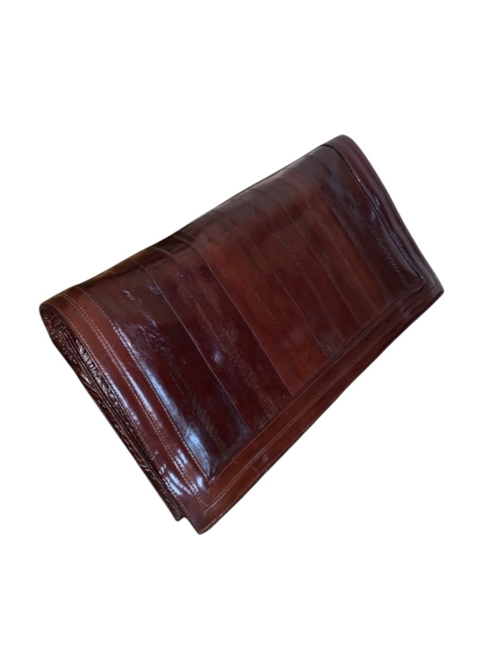 GENUINE EEL Brown Flap Clutch, 2 sections, pockets, detachable strap. Pristine!
